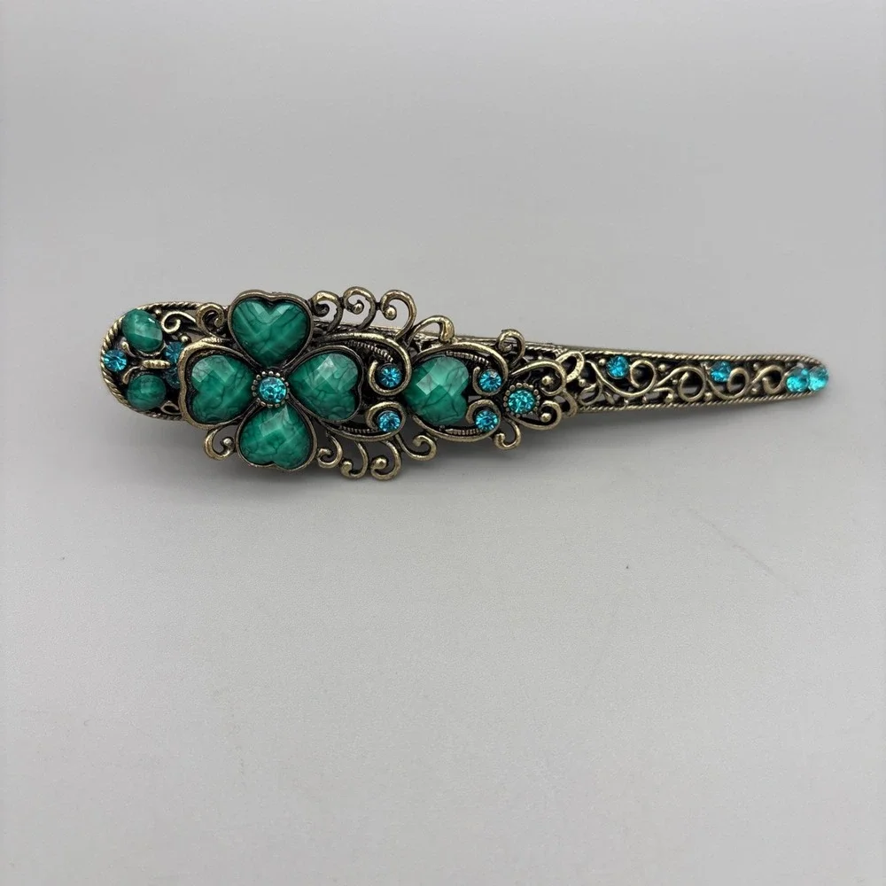 Vintage Hair Clip Barrette Blue‎ Rhinestone Heart Pewter Metal 5